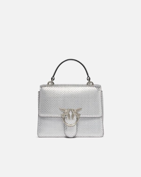 Mini Love Bag laminated handbag with shoulder strap argento e brushed silver