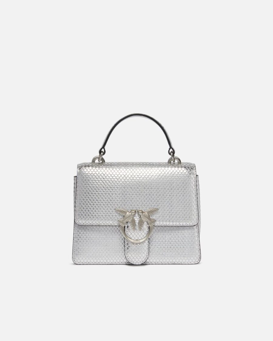Mini Love Bag laminated handbag with shoulder strap argento e brushed silver