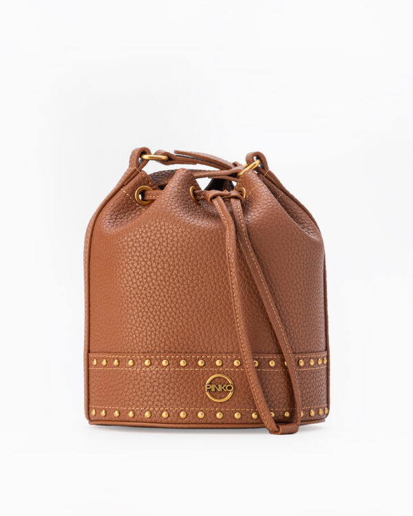 Leather Bucket Bag with Logo and Studs marrone  e  leone e antique gold