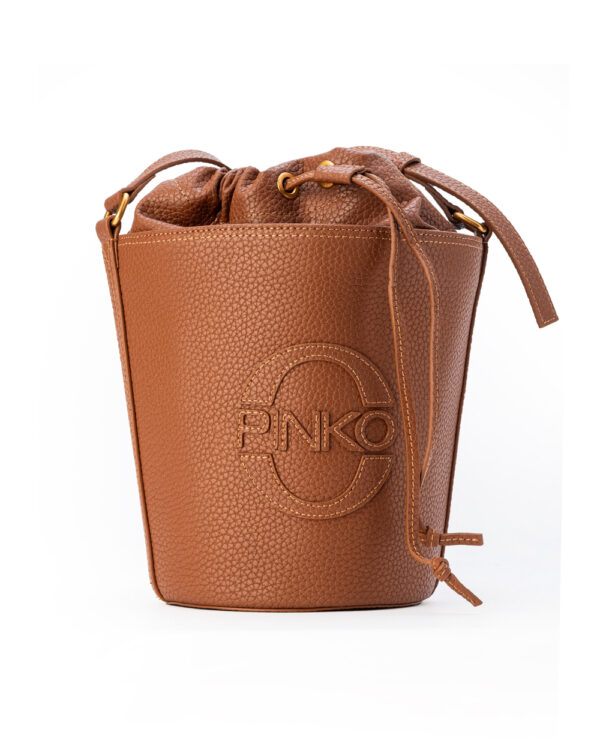 Borsa a secchiello in pelle con logo ricamato camel e antique gold