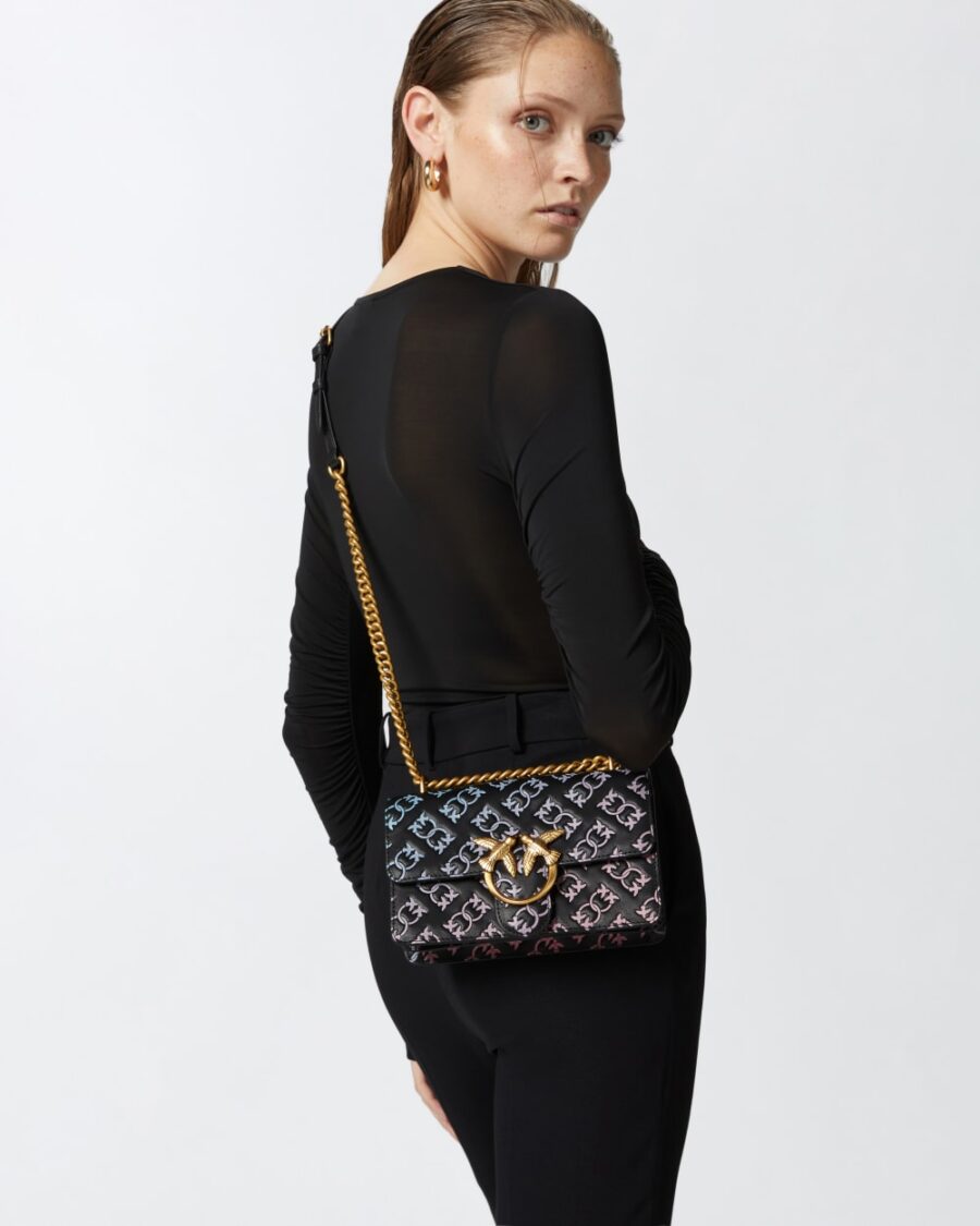 Borsa a tracolla Mini Love Bag con logo imprimè multicolore nero e multicolor e antique gold