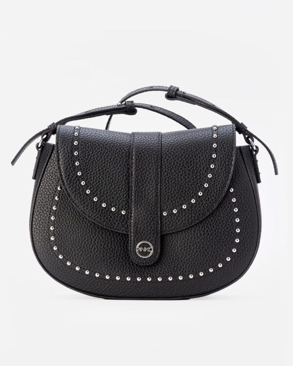 Round Crossbody Bag with Logo and Studs nero limousine e shiny nickel