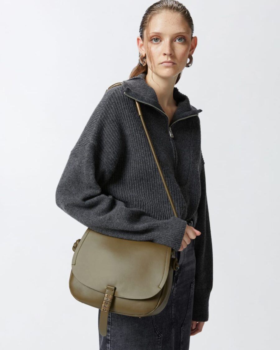 Borsa grande a tracolla in pelle con nodi piantagione e antique gold