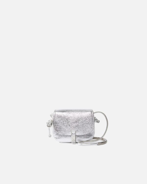 Crossbody micro Saddle bag in laminated leather argento e brushed silver