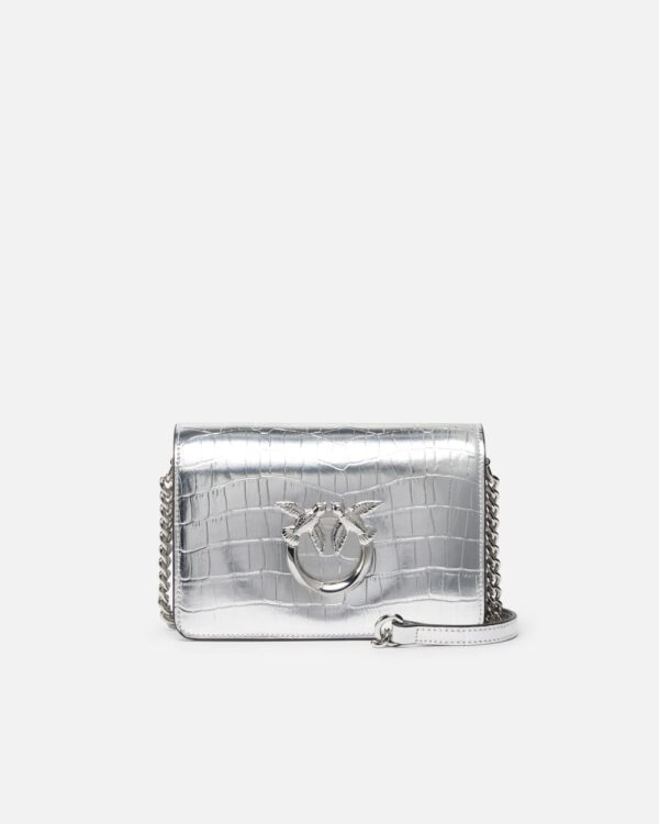 Borsa Mini Love Bag Click coccodrillo metallizzato argento e nickel lucido