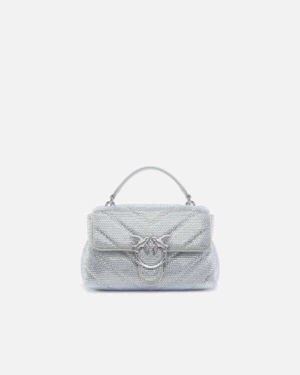 Soft quilted Mini Love Bag Puff crossbody bag with rhinestones argento e nickel lucido