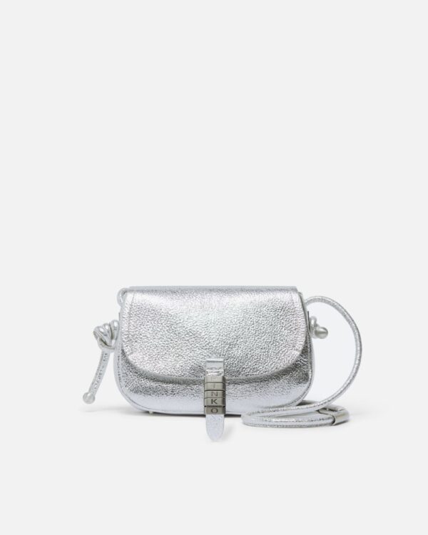 Borsa piccola a tracolla Mini Saddle Bag in pelle laminata argento e brushed silver