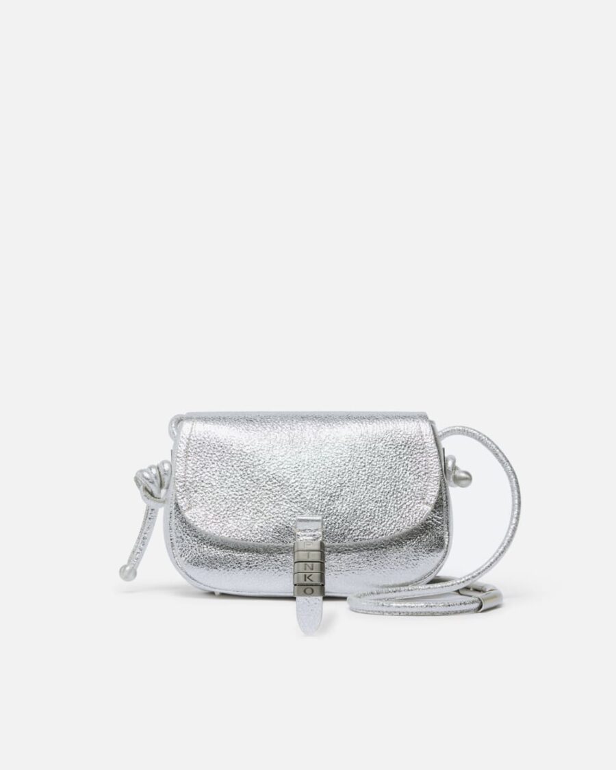 Borsa piccola a tracolla Mini Saddle Bag in pelle laminata argento e brushed silver