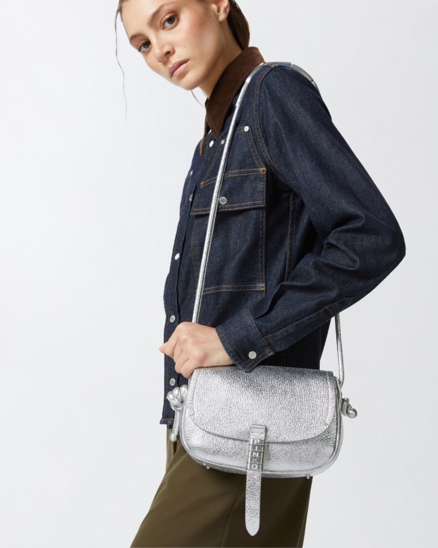 Borsa piccola a tracolla Mini Saddle Bag in pelle laminata argento e brushed silver