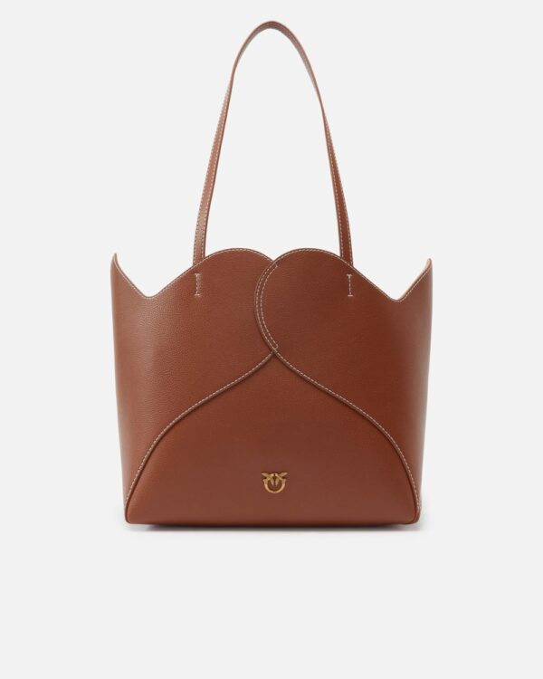 Large Heart shopper bag in leather cuoio e antique gold