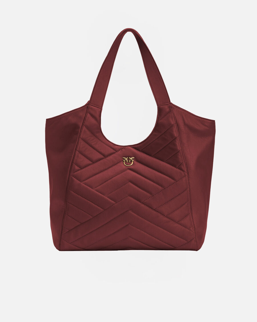 Quilted leather shopping bag with two handles ocra rosso e antique gold