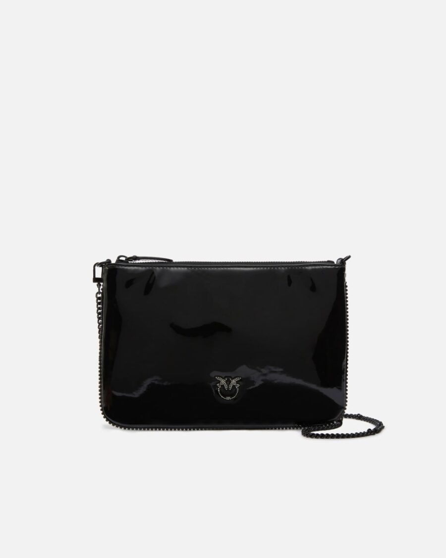 Glossy handbag with rhinestones and shoulder strap nero limousine block color