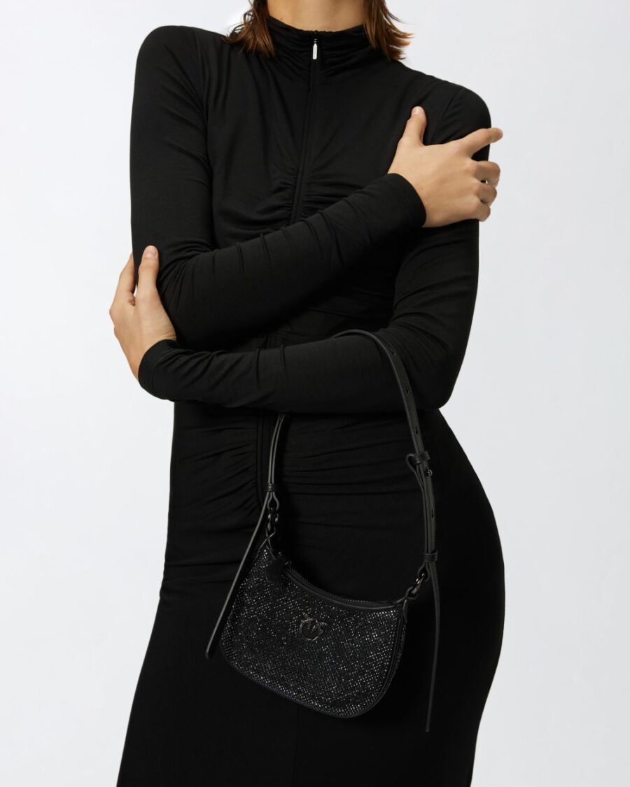 Borsetta a spalla Baby Half Moon Bag con strass nero limousine e canna fucile