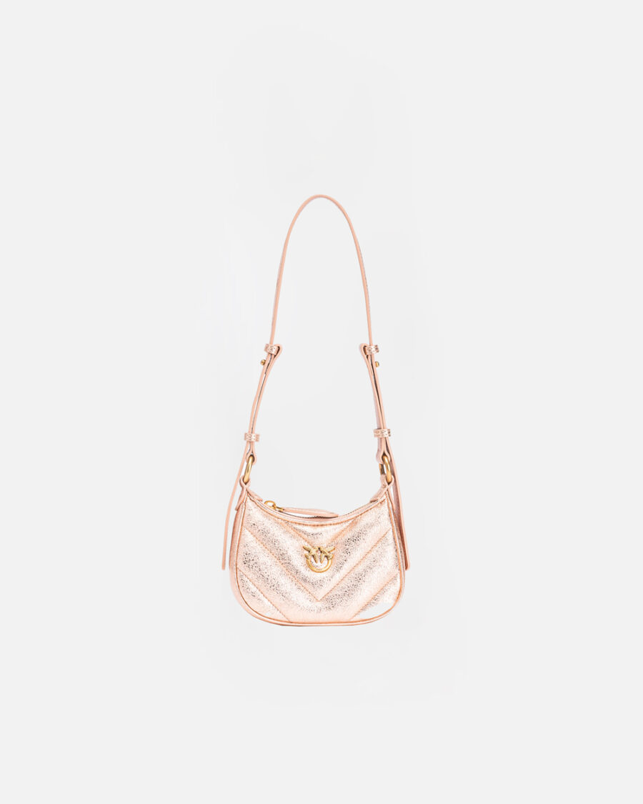 Baby half-moon shape shoulder bag in laminated leather cipria e antique gold