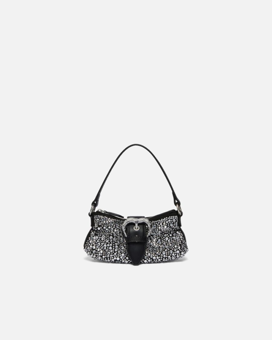 Borsetta morbida Jolene in pelle con strass nero limousine e shiny nickel