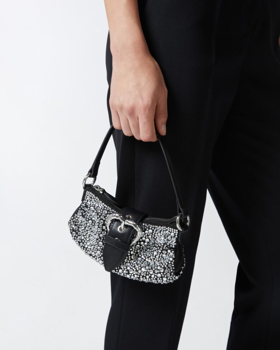 Borsetta morbida Jolene in pelle con strass nero limousine e shiny nickel