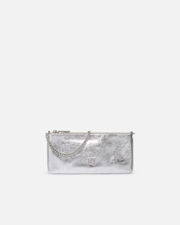Borsetta pochette in pelle laminata con tracolla argento e brushed silver