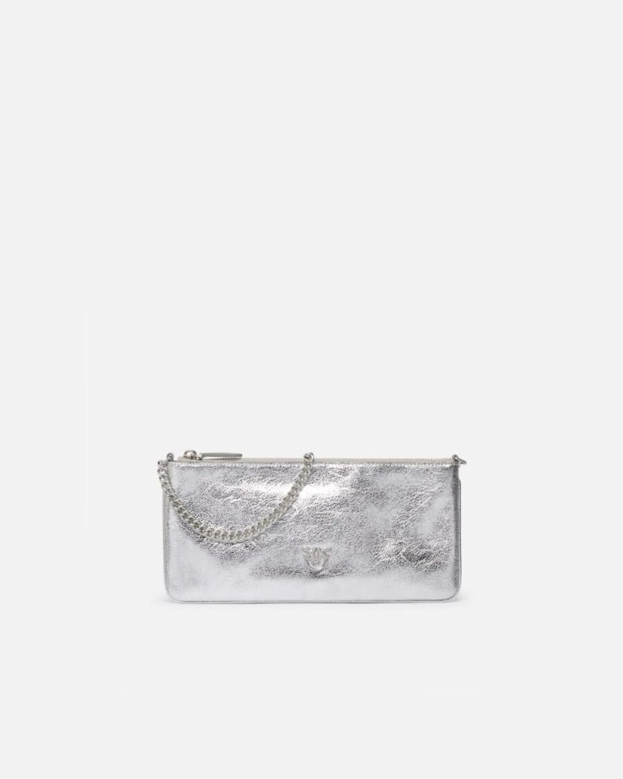 Laminated leather clutch with shoulder strap argento e brushed silver