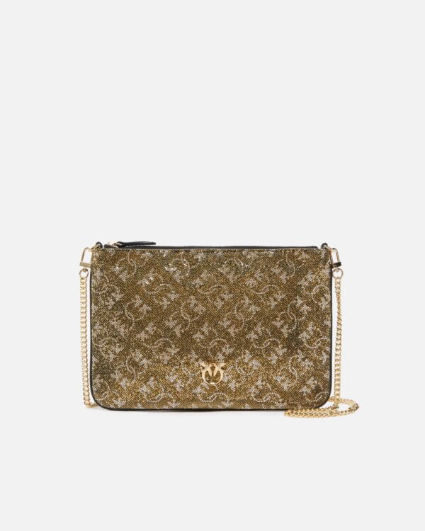 Rhinestoned Monogram clutch with shoulder strap bronzo e oro e oro