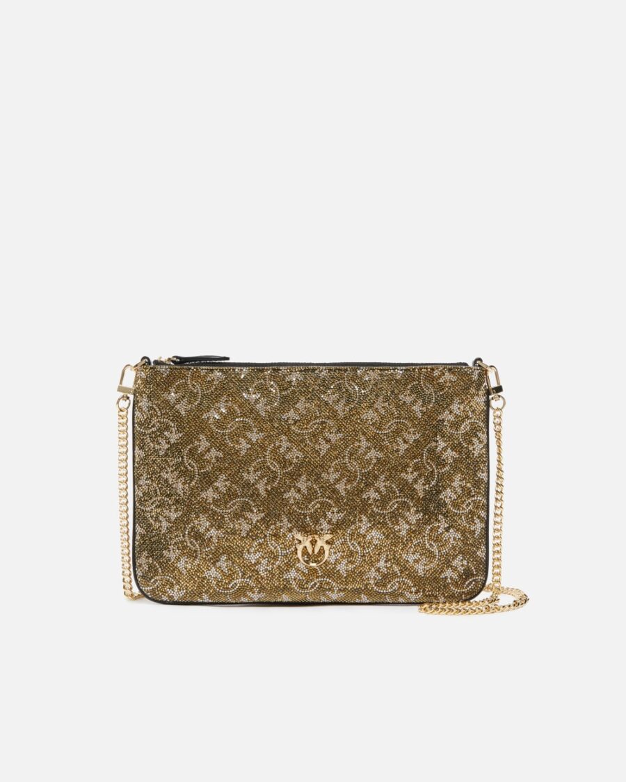 Rhinestoned Monogram clutch with shoulder strap bronzo e oro e oro