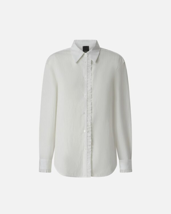 Camicia a righe sottili con volant bianco e nero
