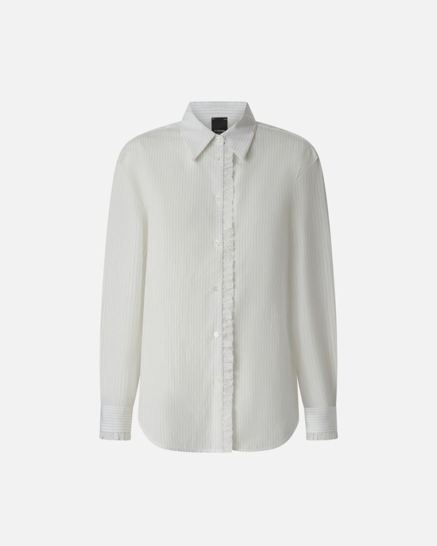 Camicia a righe sottili con volant bianco e nero