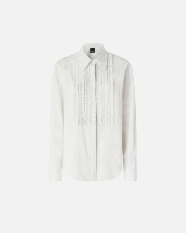 Camicia a righe sottili con volant davanti bianco e nero