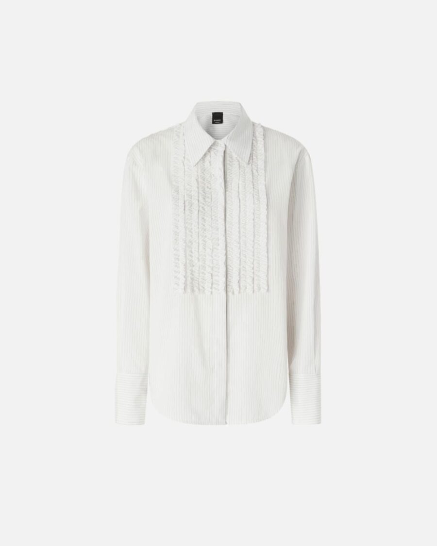Camicia a righe sottili con volant davanti bianco e nero