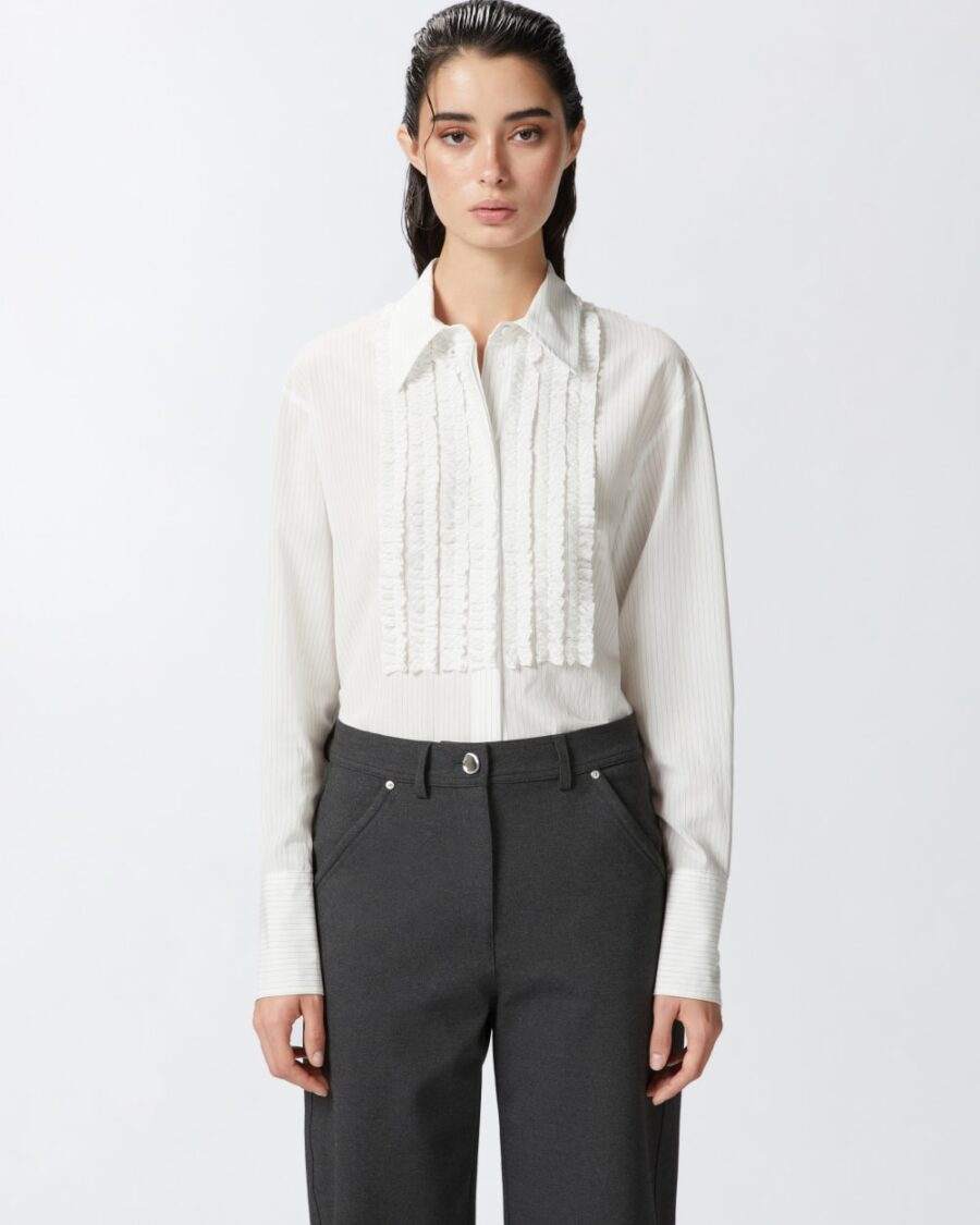 Camicia a righe sottili con volant davanti bianco e nero