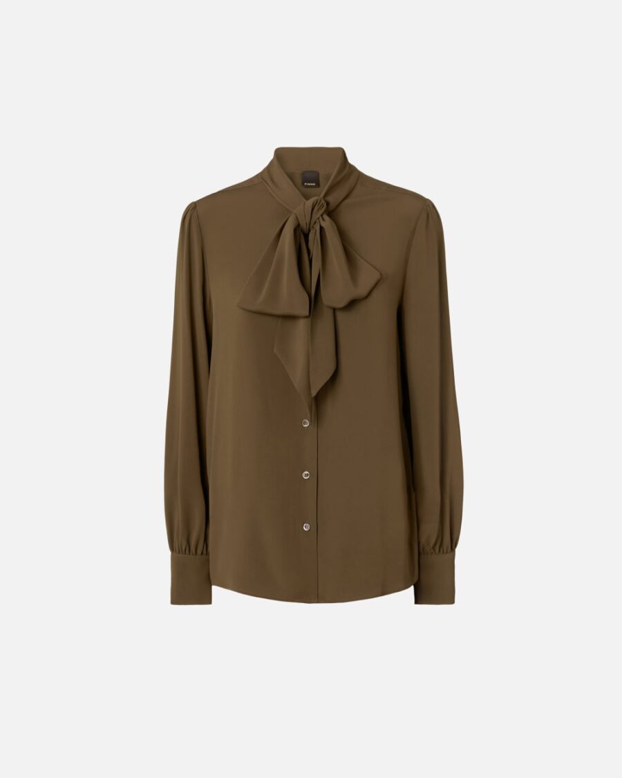 Camicia con fiocco in tessuto misto seta verde e sottobosco