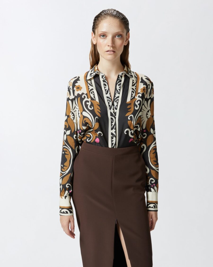 Camicia con stampa floreale ornamentale mult.marrone e beige