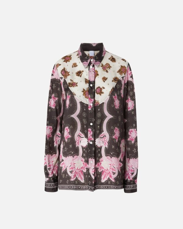 Camicia con stampa piazzata floreale marrone e rosa