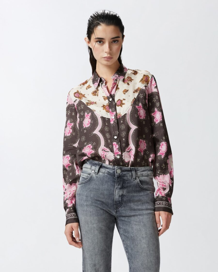 Camicia con stampa piazzata floreale marrone e rosa