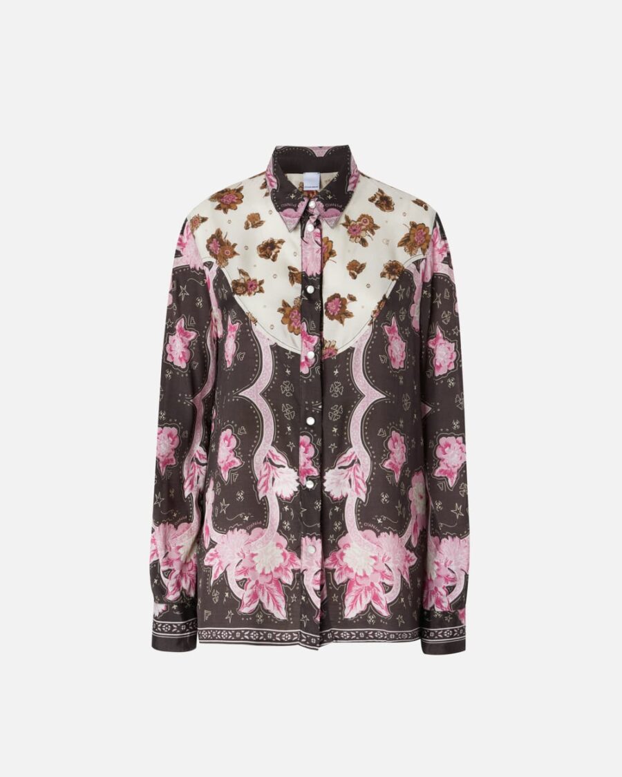 Shirt with floral placed print marrone e rosa
