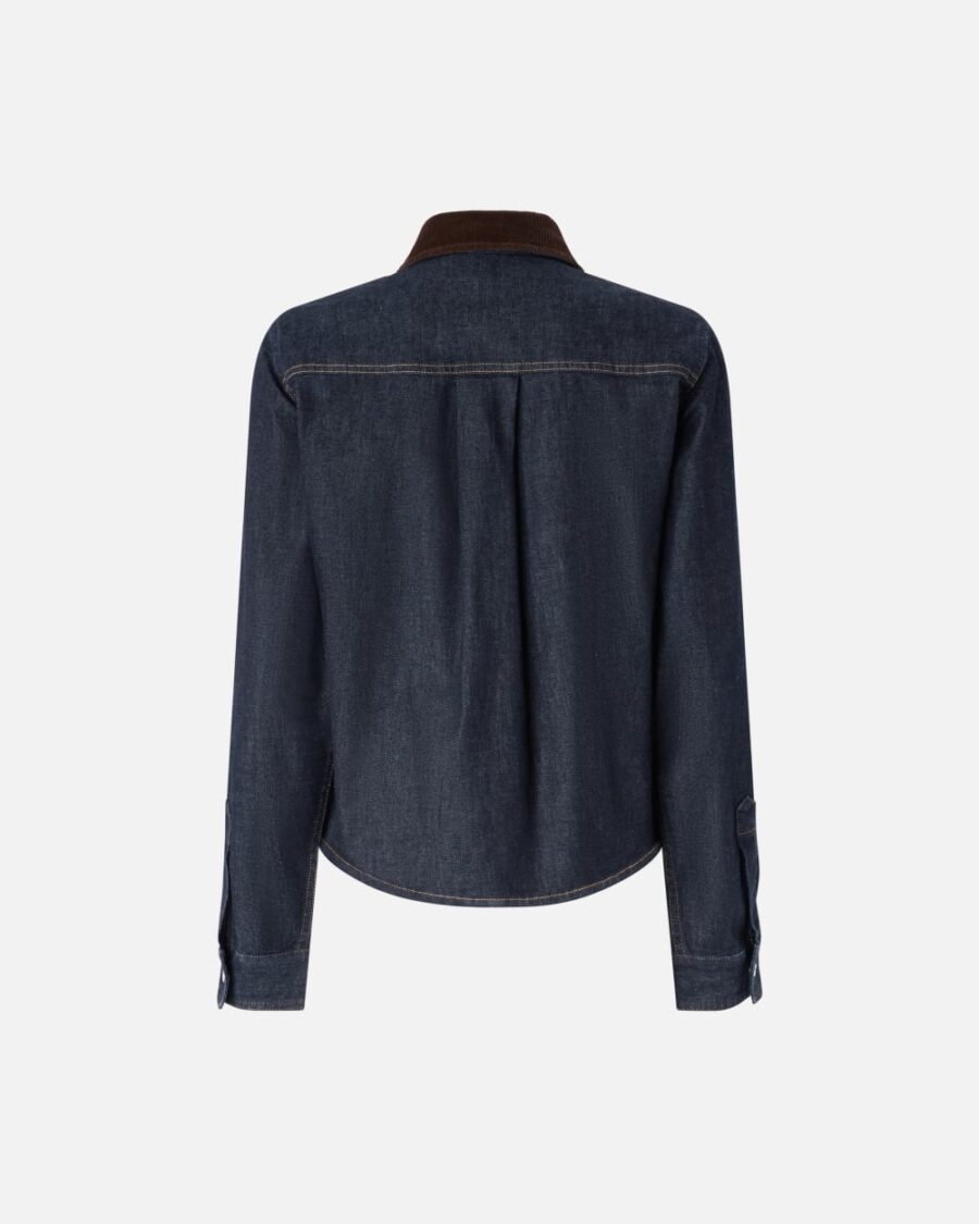 Camicia denim blu scuro con colletto velluto millerighe - immagine 2