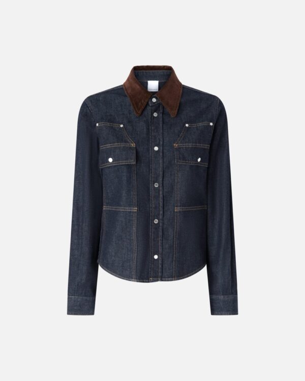 Camicia denim blu scuro con colletto velluto millerighe lavaggio rinse blu scuro