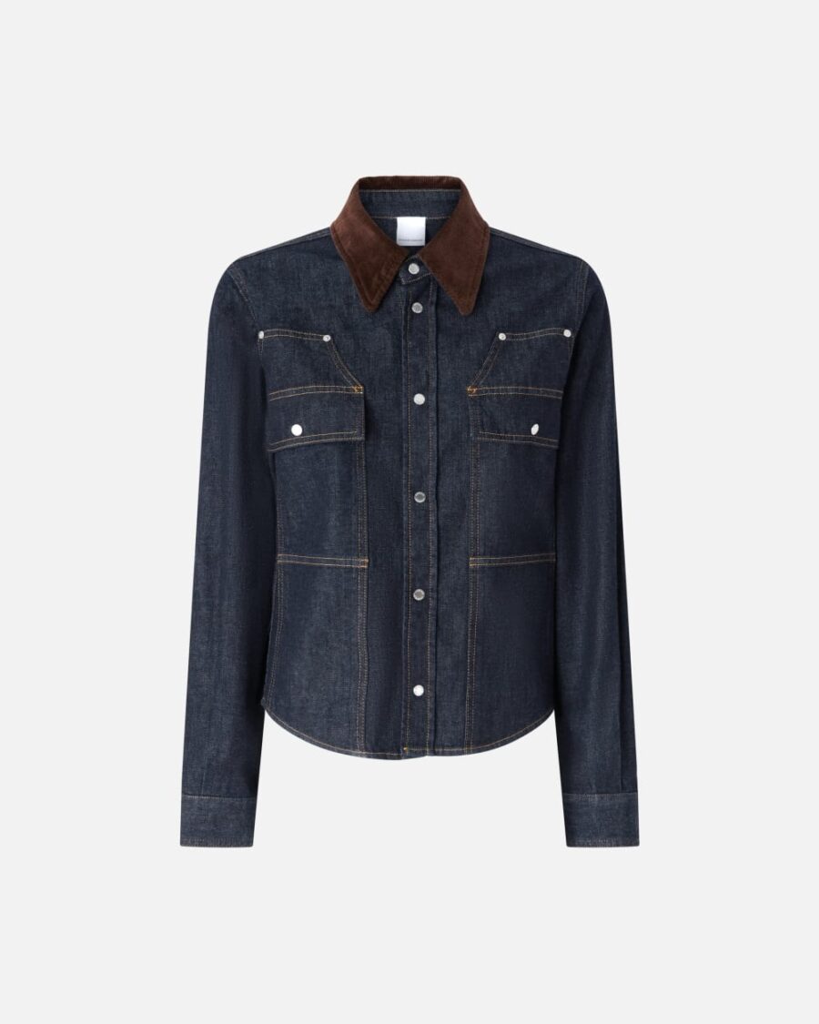 Camicia denim blu scuro con colletto velluto millerighe lavaggio rinse blu scuro
