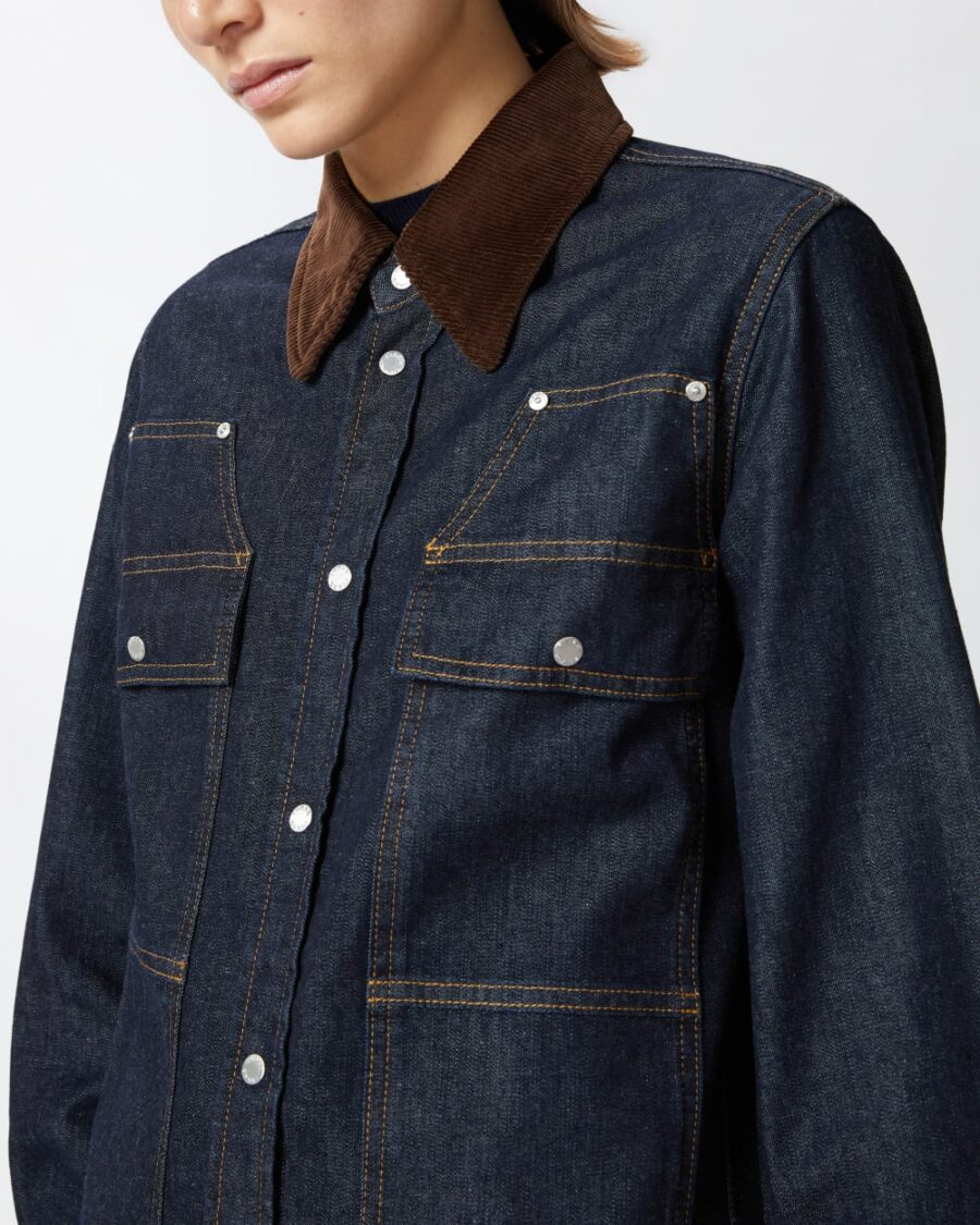 Camicia denim blu scuro con colletto velluto millerighe - immagine 6