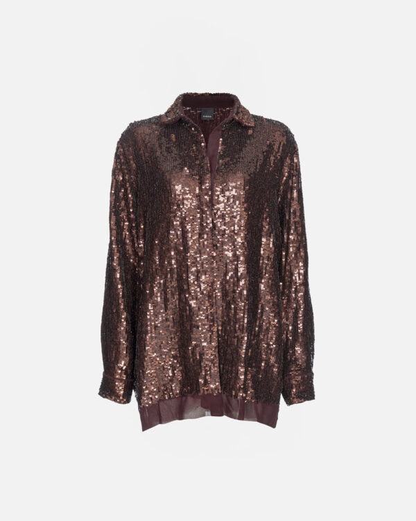 Fluid shirt with sequin embroidery marrone e sassicaia