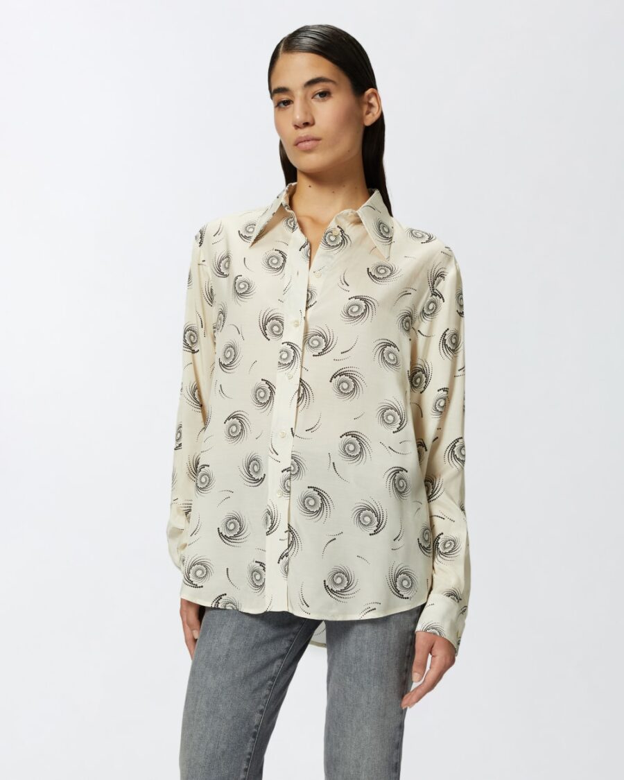 Camicia in twill stampa vortici panna e nero