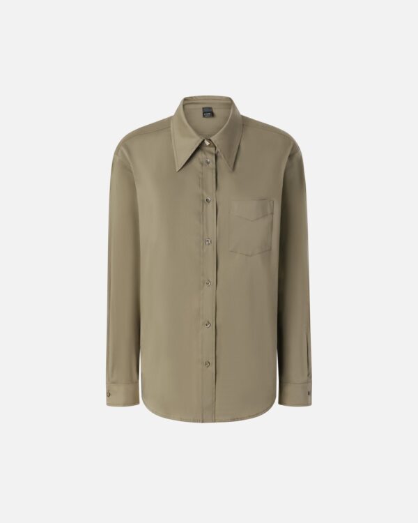 Camicia utility green in popeline stretch verde  e  faggio