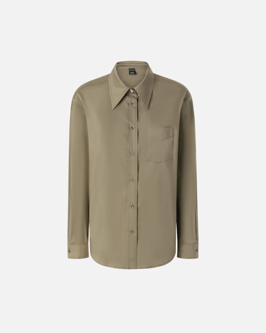 Camicia utility green in popeline stretch verde  e  faggio