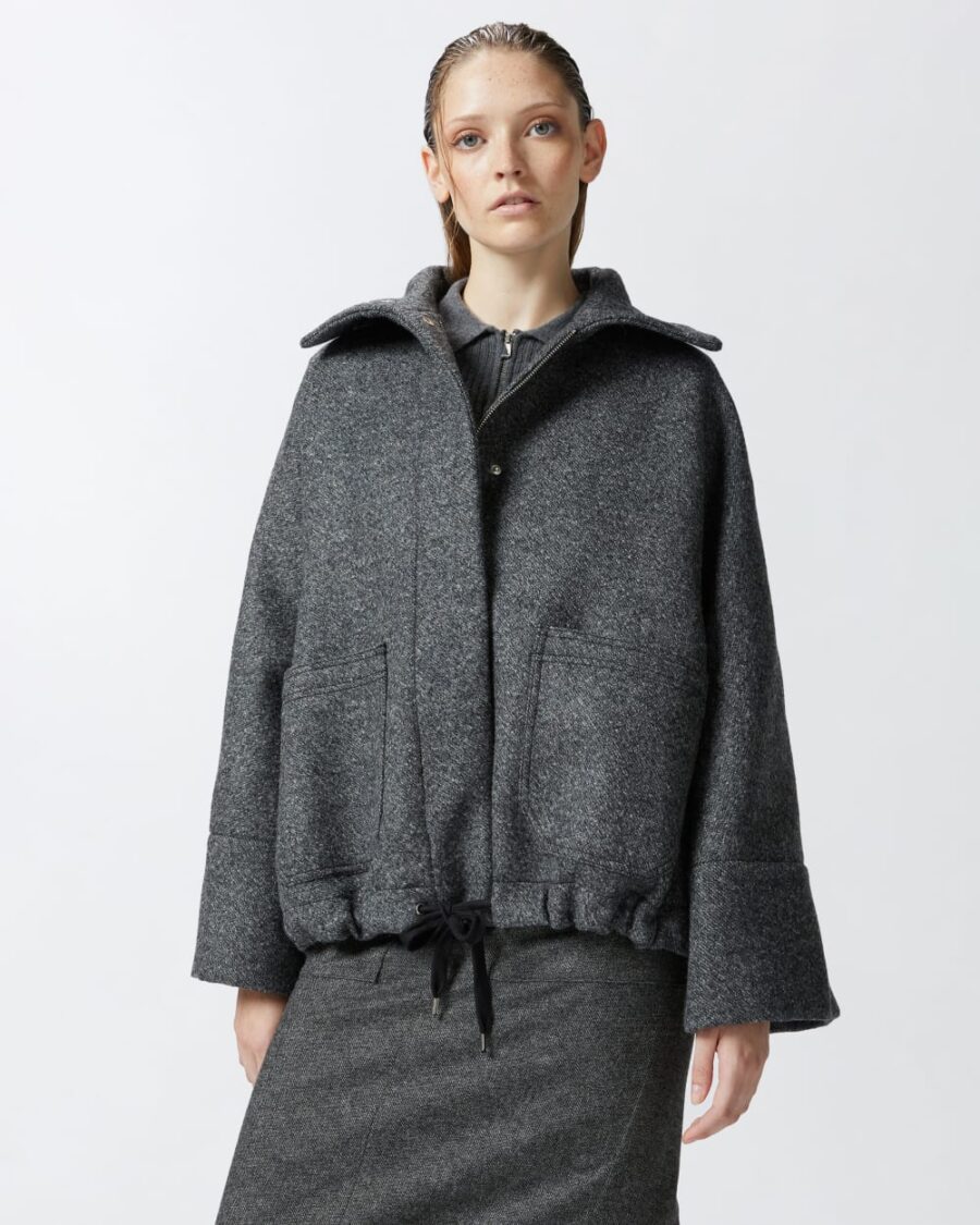 Cappotto caban in panno con collo alto grigio  e  peltro