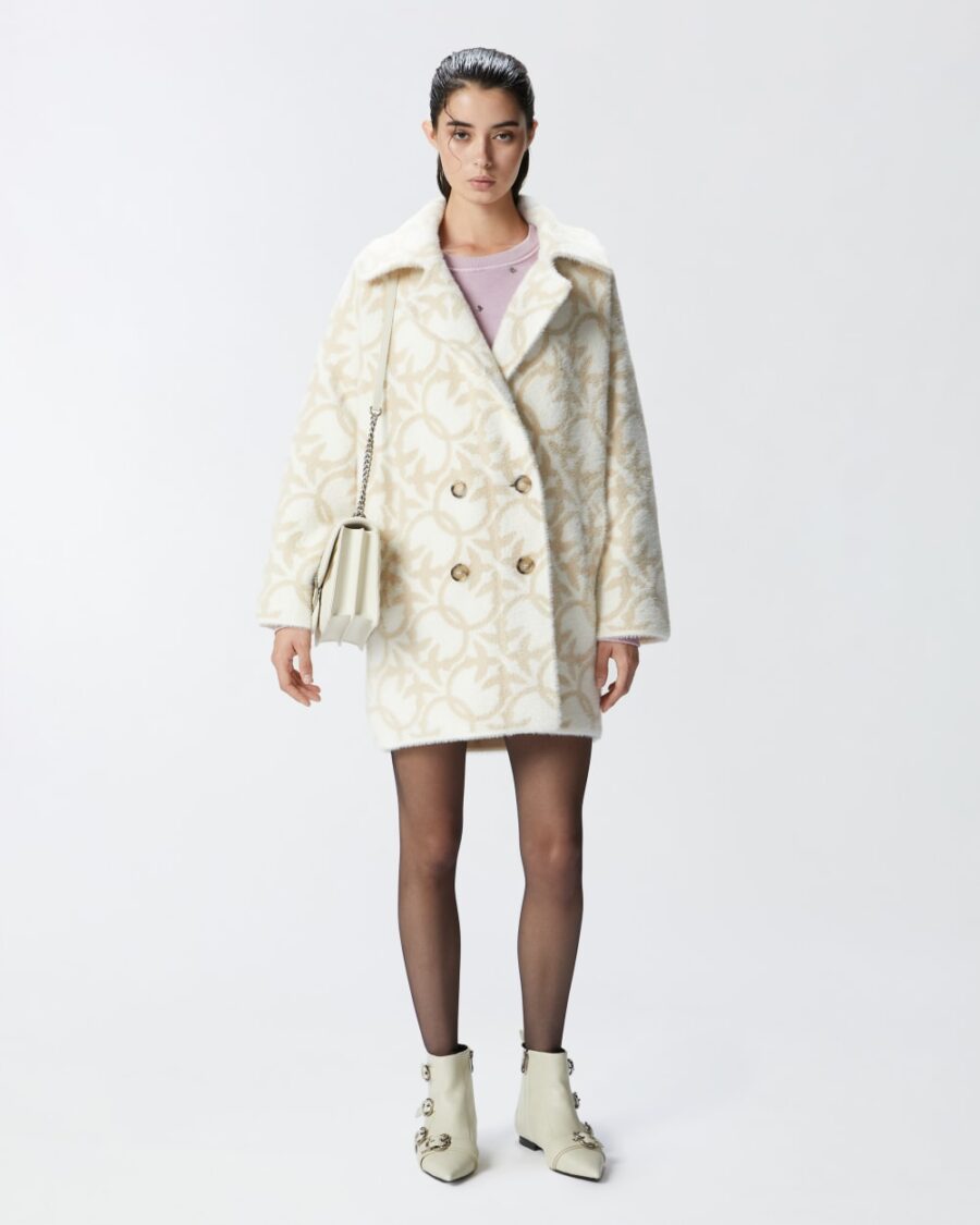 Cappotto corto effetto pelliccia logo panna e beige