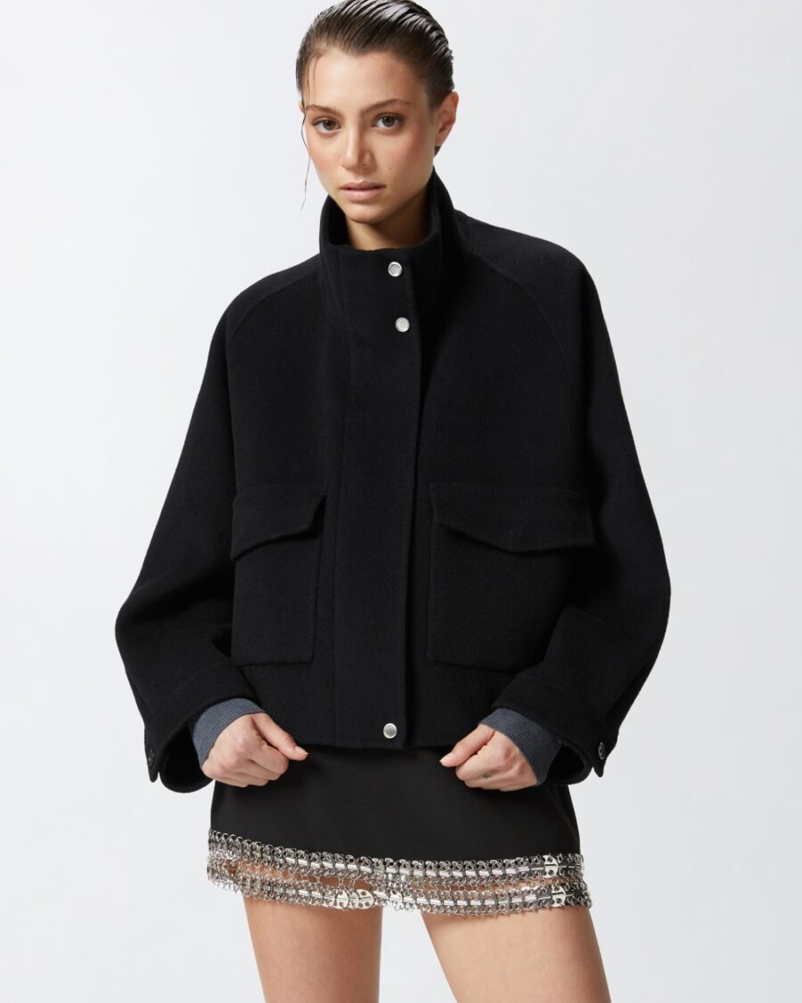 Cappotto corto in panno double a collo alto nero limousine