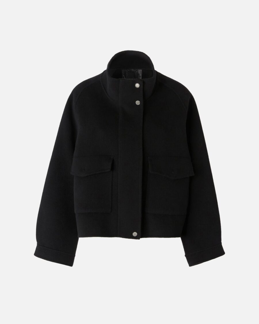 Short double-layered cloth coat with high neck nero limousine