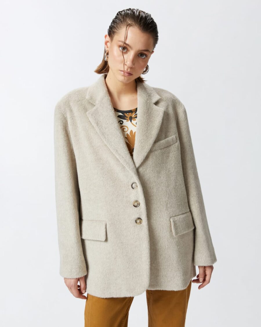 Cappotto corto monopetto in beaver beige cemento