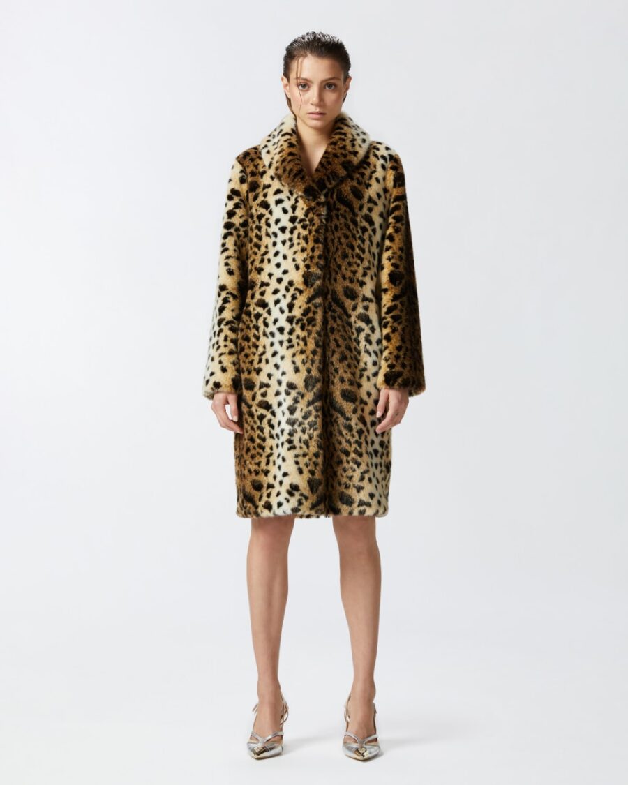 Cappotto effetto pelliccia maculata beige e nero