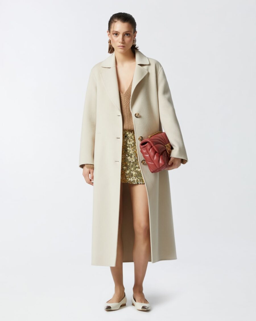 Cappotto lungo con cintura in panno doppio beige
