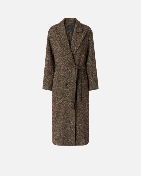 Cappotto lungo disegno resca con cintura cammello e marrone